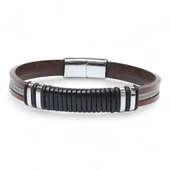 Orijinal Deri ve 316L Çelik Siyah-Kahverengi Erkek Bileklik 31834B19D1 thumbnail 4