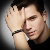 Orijinal Deri ve 316L Çelik Siyah-Kahverengi Erkek Bileklik 31834B19D1 thumbnail 1