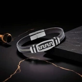 Meander Motifli Çelik Halatlı Deri Erkek Bileklik 31834B17D1 thumbnail 3