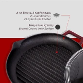 Lava Döküm Yuvarlak Izgara Tavası Cam Kapaklı Döküm Demir Yekpare Çift Kulplu Çap(Ø)26cm.-Bordo thumbnail 6