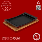 Lava Döküm Dikdörtgen Servis Tabağı ve Kayın Servis Ahşabı. Ölçü 36x24cm.-Bordo thumbnail 4
