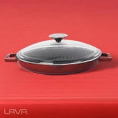 Lava Döküm Yuvarlak Izgara Tavası Cam Kapaklı Döküm Demir Yekpare Çift Kulplu Çap(Ø)26cm.-Bordo thumbnail 7