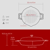 Lava Döküm Yuvarlak Izgara Tavası Cam Kapaklı Döküm Demir Yekpare Çift Kulplu Çap(Ø)26cm.-Bordo thumbnail 5