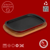 Lava Döküm Dikdörtgen Servis Tabağı ve Kayın Servis Ahşabı. Ölçü 32x20cm.-Bordo thumbnail 4