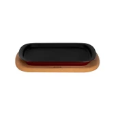 Lava Döküm Dikdörtgen Servis Tabağı ve Kayın Servis Ahşabı. Ölçü 32x20cm.-Bordo thumbnail 1