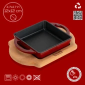 Lava Döküm Kare Sahan Döküm Demir Yekpare Çift Kulplu Kayın Servis Ahşabı Ölçü 12x12cm.-Bordo thumbnail 4