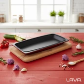 Lava Döküm Dikdörtgen Servis Tabağı ve Kayın Servis Ahşabı. Ölçü 30x15cm.-Bordo - 7