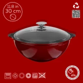 Lava Döküm Yuvarlak Cam Kapaklı Özbek Kazanı / Tencere. Döküm Demir Yekpare Kulplu Çap(Ø)30 cm.-Bordo thumbnail 4