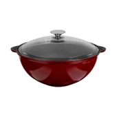 Lava Döküm Yuvarlak Cam Kapaklı Özbek Kazanı / Tencere. Döküm Demir Yekpare Kulplu Çap(Ø)30 cm.-Bordo thumbnail 1