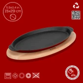 Lava Döküm Balık Tabağı Döküm Demir Yekpare Kulplu Kayın Servis Ahşabı 15x29cm.-Bordo thumbnail 4