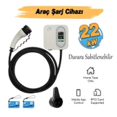 Elektrikli Akıllı Araç Şarj İstasyonu 22 KW Duvar Tipli 5 Metre Kablo Mobil Uygulamalı HCDK-22 RFID thumbnail 2