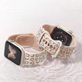 Samsung Galaxy Watch 6 7 Serisi ile Uyumlu Leopar Desenli Silikon Kordon Kayış Bej - 5