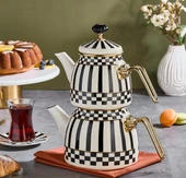 Emaye Bitki Çayı Demliği - Emaye Ayaklı Şekerlik - Emaye Çaydanlık Takımı ve Emaye Tepsi 28 CM thumbnail 6