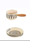 Prime Cream Emaye Ahşap Saplı Sosluk / Sütlük – 14 CM ve Emaye Servis Tepsisi 28 CM - 1