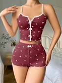 Arias Closet Pamuklu Kahverengi Üstüne Beyaz Kalp Desen Fitilli Askılı Şortlu Pijama Takımı - 2