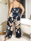 Arias Closet Büyük Beden Mavi Üstüne Çiçek Desenli İnce Askılı 2li Saten Pijama Takımı thumbnail 2