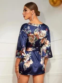 Arias Closet Çiçek Desenli Mavi Mini Saten Gecelik Sabahlık thumbnail 2