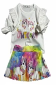 Unicorn Desenli Renkli Kız Çocuk Etekli Takım - 4