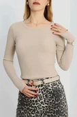 BİÇOMİ Bisiklet Yaka Parmak Geçmeli Kaşkorse bluz bej a3829 thumbnail 4