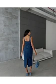 Yırtmaçlı Sırt Fermuarlı Midi Mavi Denim Elbise Kot Elbise Denim Dress - 8