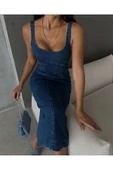 Yırtmaçlı Sırt Fermuarlı Midi Mavi Denim Elbise Kot Elbise Denim Dress - 4