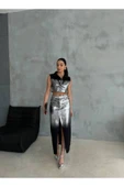 Gümüş Varaklı Crop Kot Yelek Ve Önden Yırtmaçlı Varaklı Kot Etek Takımı - 4