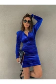 Kadife Kumaş V Yaka Vatkalı Büzgülü Mavi Mini Elbise Yılbaşı Elbisesi - 1