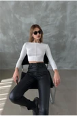 Dikişli ve Likralı Uzun Kol Ekru Crop - 2