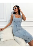 Yırtmaçlı Sırt Fermuarlı Midi Mavi Denim Elbise Kot Elbise Denim Dress - 1