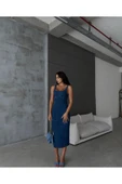 Yırtmaçlı Sırt Fermuarlı Midi Mavi Denim Elbise Kot Elbise Denim Dress - 6