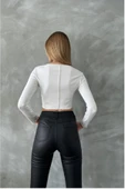 Dikişli ve Likralı Uzun Kol Ekru Crop - 4