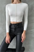 Dikişli ve Likralı Uzun Kol Ekru Crop - 3