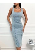 Yırtmaçlı Sırt Fermuarlı Midi Mavi Denim Elbise Kot Elbise Denim Dress - 3