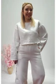 Yeni Sezon Beyaz Varaklı Crop Sweatshirt - Pantolon Eşofman Alt Üst Takım - 3
