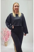 Yeni Sezon Beyaz Varaklı Crop Sweatshirt - Pantolon Eşofman Alt Üst Takım - 8