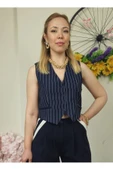 Kadın Lacivert Çizgili Yelek - 1