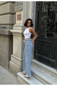 Pinterest Tasarım Yanı Çıt Çıt Detaylı Bol Paça Kot Pantolon - 5
