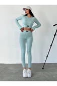 Uzun Kollu Parmak Detaylı Crop Ve Tayt Takım Sporcu Tayt Takım - 1