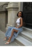 Pinterest Tasarım Yanı Çıt Çıt Detaylı Bol Paça Kot Pantolon - 1