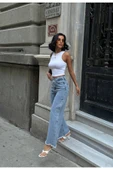 Pinterest Tasarım Yanı Çıt Çıt Detaylı Bol Paça Kot Pantolon - 4