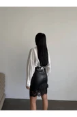 Tasarım İthal Deri Etek Ucu Fransız Dantel Detay Etek Dantelli Deri Mini Etek thumbnail 5