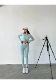 Uzun Kollu Parmak Detaylı Crop Ve Tayt Takım Sporcu Tayt Takım - 3