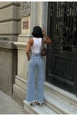 Pinterest Tasarım Yanı Çıt Çıt Detaylı Bol Paça Kot Pantolon - 2