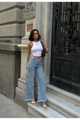 Pinterest Tasarım Yanı Çıt Çıt Detaylı Bol Paça Kot Pantolon - 3