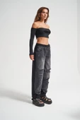 Kadın Tint Haki Lazer Detaylı Skater Jogger Fit Denim Jogger Kot Pantolon Baggy Model - 7