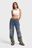 Kadın Tint Haki Lazer Detaylı Skater Jogger Fit Denim Jogger Kot Pantolon Baggy Model - 2