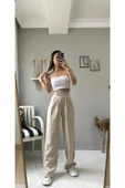 Kadın Yüksek Bel Cırtlı Peleli Bej Palazzo Pantolon thumbnail 5