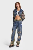 Kadın Tint Haki Lazer Detaylı Skater Jogger Fit Denim Jogger Kot Pantolon Baggy Model - 11