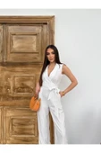 Kruvaze Yaka Dik Çizgili Kumaş Tulum Günlük Davet Gece Kullanımına Uygun Şık Tulum Bol Paça Tulum - 1