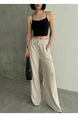 Linda Kumaş Siyah Keten Karışımlı Bol Kesim Pantolon Beli Lastikli Beli Bağcıklı thumbnail 4